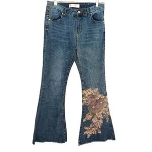 Jeweled Jeans Sz 28 Blue Floral PEARLS LACE Boho Flare Fairy Festival Barbiecore